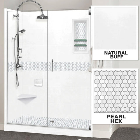 Pearl Hex Mosaic Natural Buff 60" Alcove Stone Shower Kit