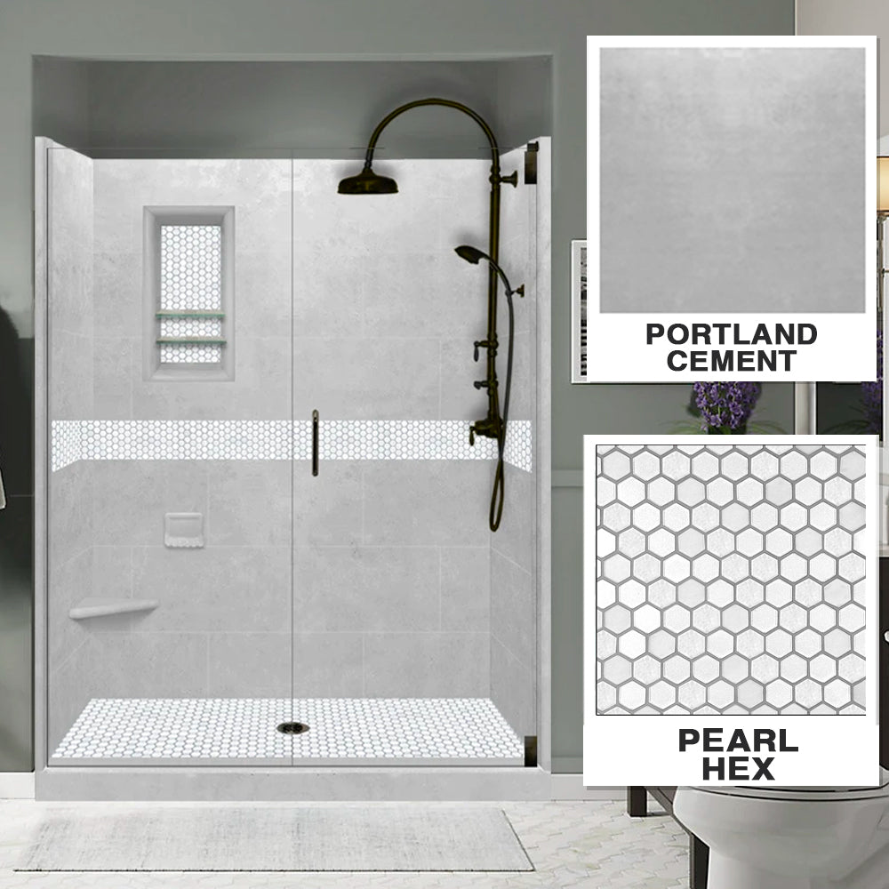 60" Alcove Portland Cement Sistine Stone & Pearl Hex Mosaic Accent ("DIY Shower Remodel Kit")