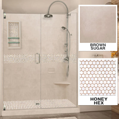 Honey Hex Brown Sugar 60" Alcove Stone Shower Enclosure Kit