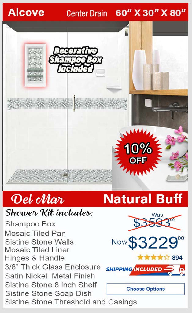 Clearance-60" X 30" Natural Buff Del Mar Mosaic Stone Shower Kit W/Glass Door
