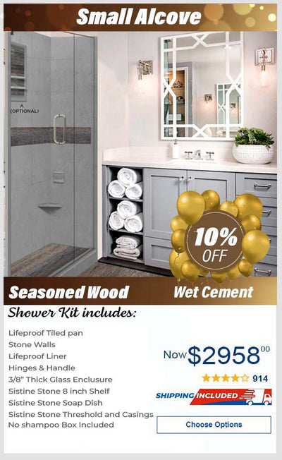 Lifeproof-Wet Cement Seasoned Wood Small Alcove Shower Enclosure Kit