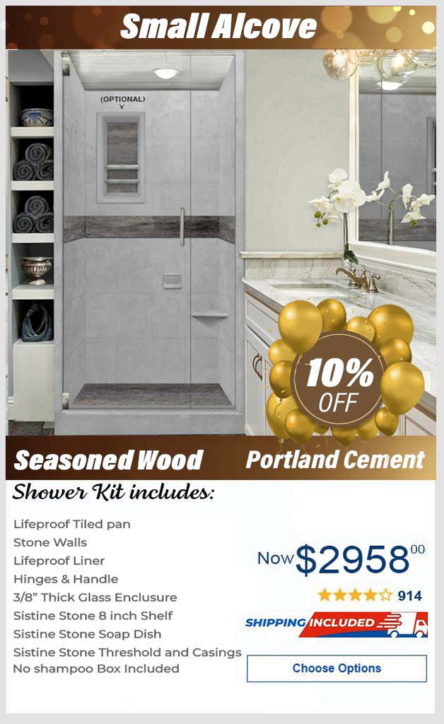 Lifeproof-Portland Cement Seasoned Wood Small Alcove Shower Enclosure Kit