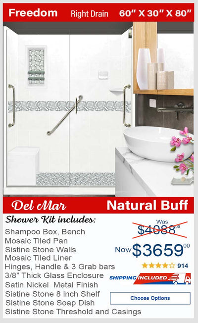Clearance-Freedom 60" X 30" Del Mar Mosaic Natural Buff 60" Alcove Stone Shower Kit W/Glass Door