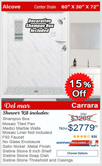 Clearance-60" X 30" Carrara Marble Del Mar Mosaic Shower Kit