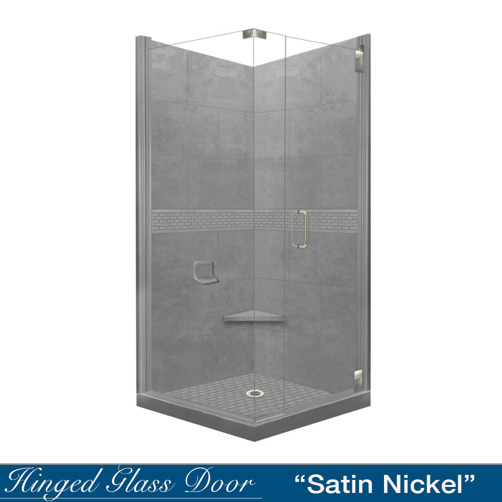 Classic Grand Hinged 36 in. x 36 in. x 80 in. Neo-Angle Shower Kit in Natural Buff and Satin Nickel Hardware