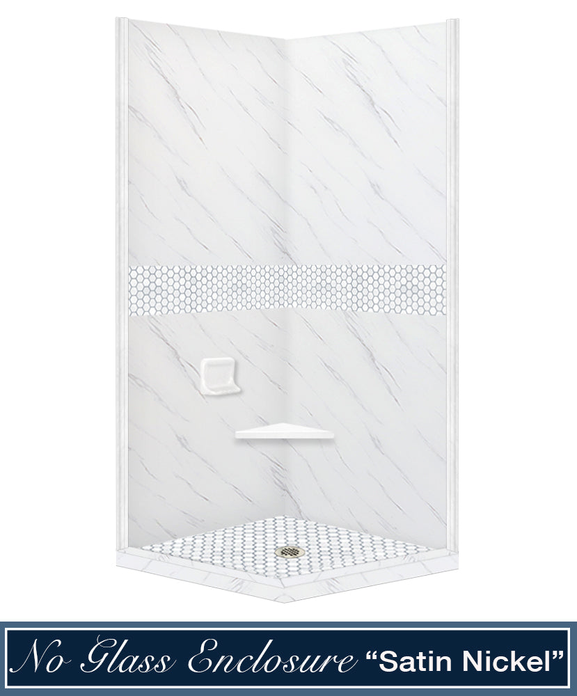 Carrara Marble Pearl Hex Mosaic Corner Shower Enclosure Kit