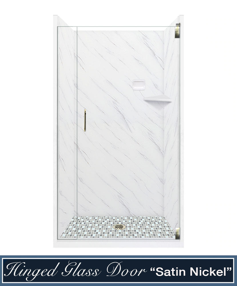 60" Alcove Carrara Medici Marble & Del Mar Mosaic Accent Shower Remodel Kit