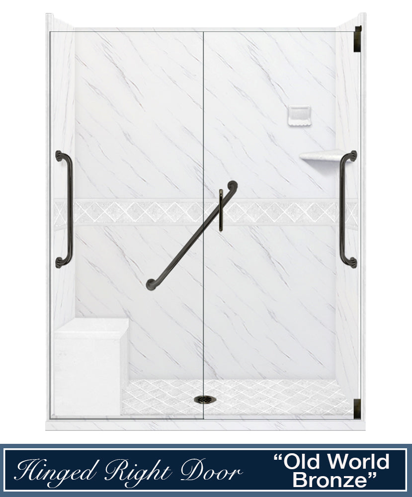 Freedom Carrara Marble Diamond Alcove Shower Enclosure Kit (FREE F92 FAUCET & TILE NICHE)