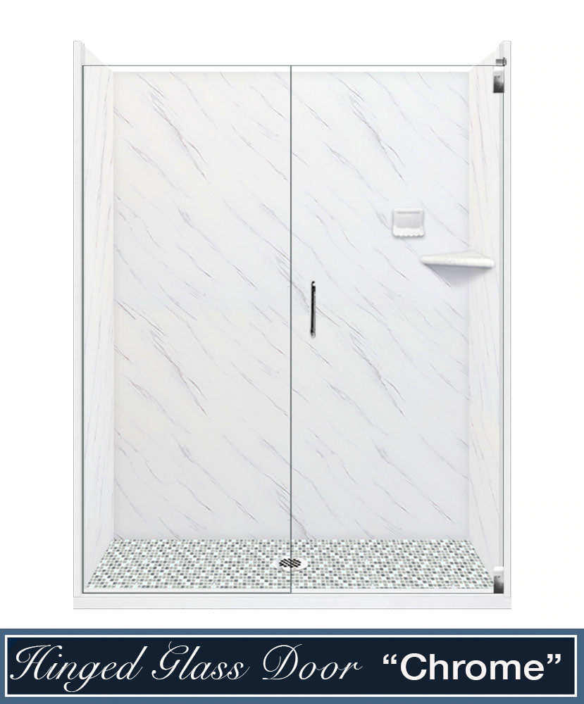 60" Alcove Carrara Medici Marble & Del Mar Mosaic Accent Shower Remodel Kit