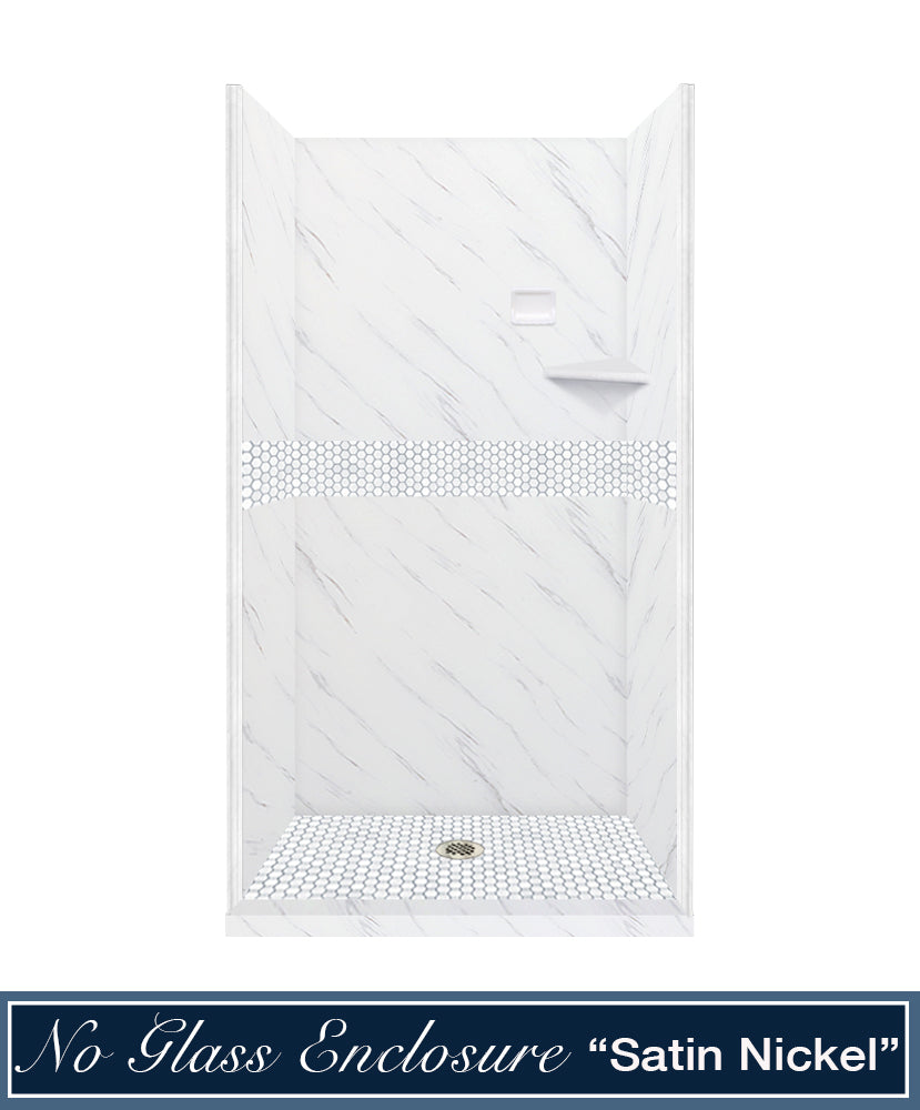 60" Alcove Carrara Medici Marble & Pearl Hex Mosaic Accent ("DIY Shower Remodel Kit")