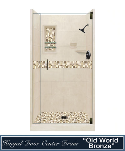CLEARANCE-42" X 36" Desert Sand Tuscany Mosaic Small Alcove Stone Shower Kit.