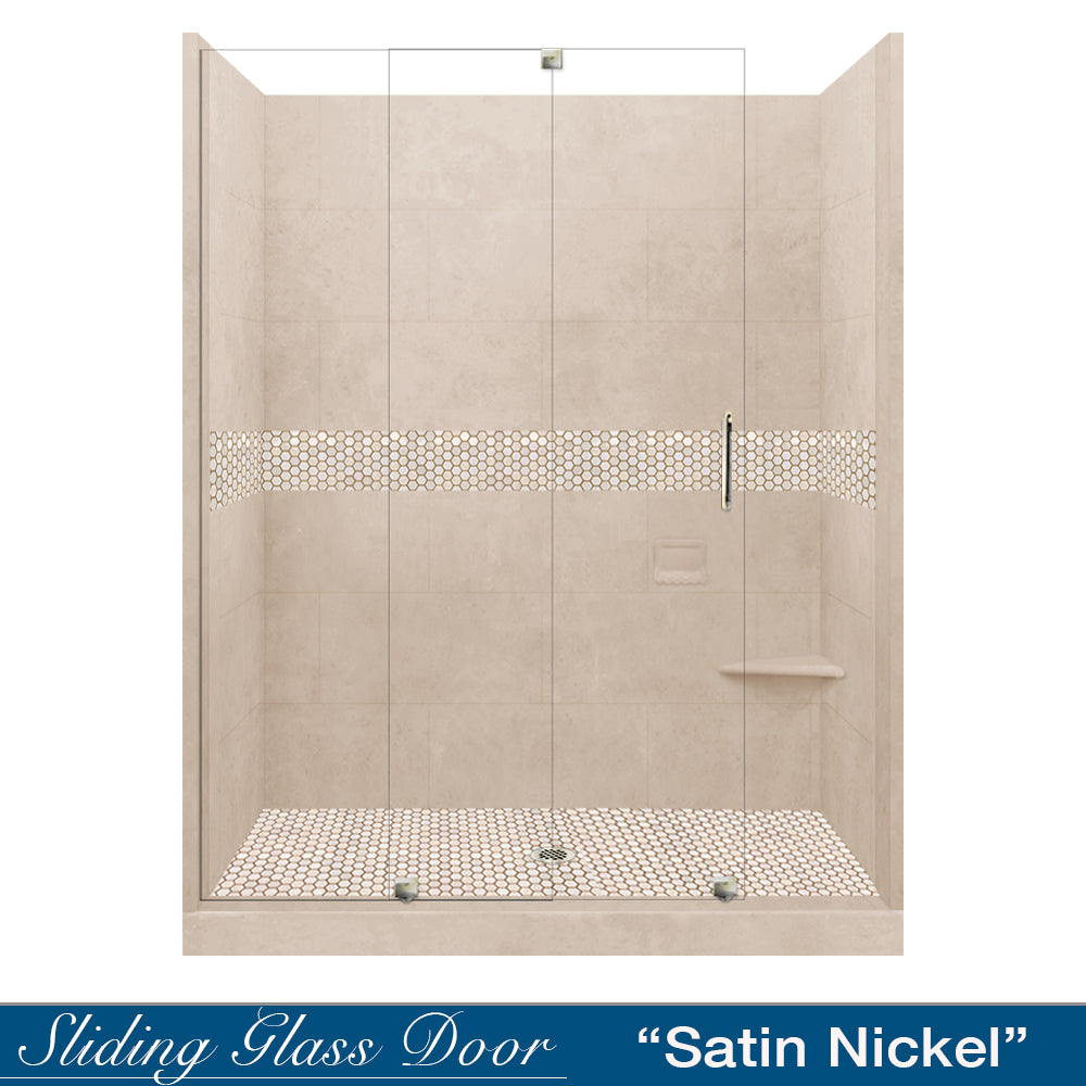 60" Alcove Brown Sugar Sistine Stone & Honey Hex Mosaic Accent ("DIY Shower Remodel Kit")