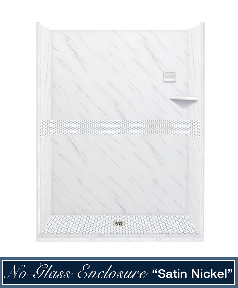 60" Alcove Carrara Medici Marble & Pearl Hex Mosaic Accent ("DIY Shower Remodel Kit")
