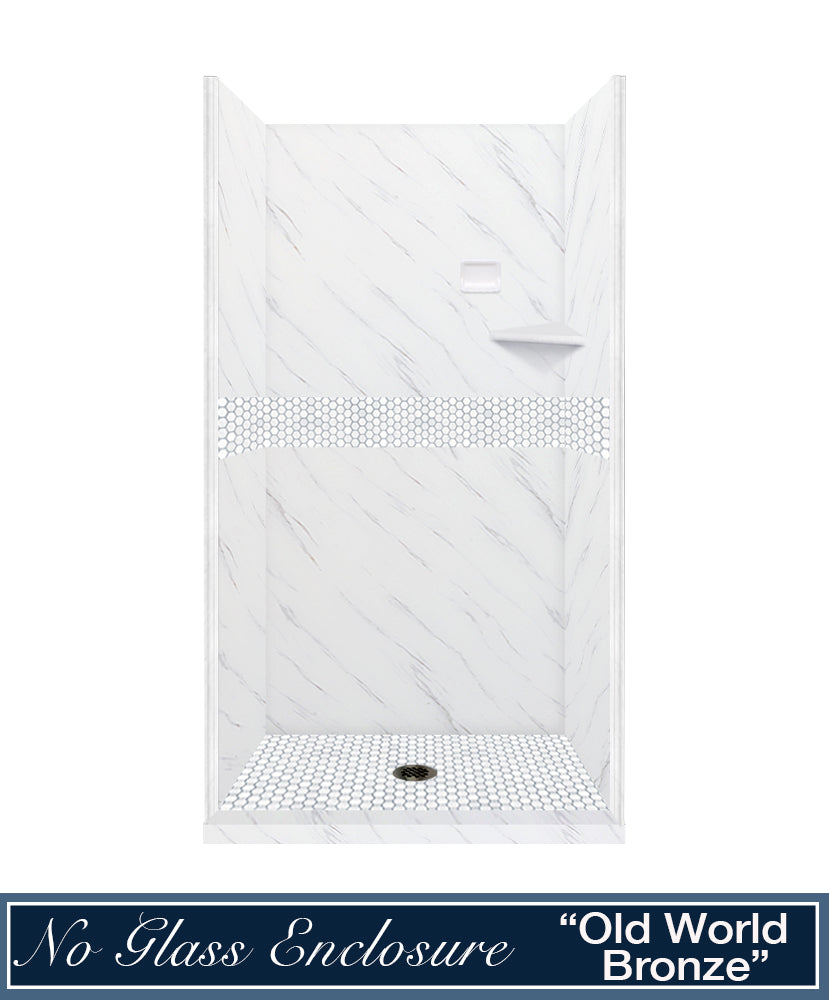 60" Alcove Carrara Medici Marble & Pearl Hex Mosaic Accent ("DIY Shower Remodel Kit")