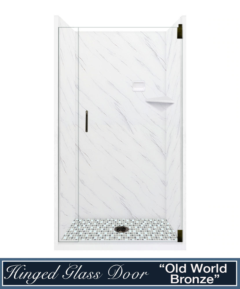 60" Alcove Carrara Medici Marble & Del Mar Mosaic Accent Shower Remodel Kit