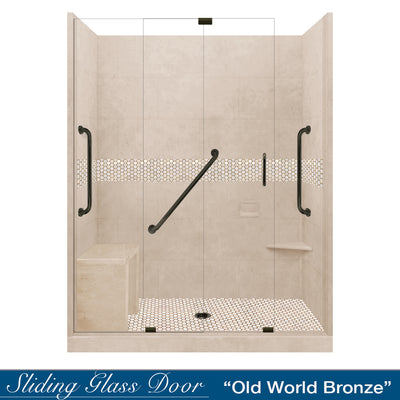 Freedom Honey Hex Mosaic Brown Sugar 60" Alcove Stone Shower Kit (FREE F92 FAUCET & TILE NICHE)