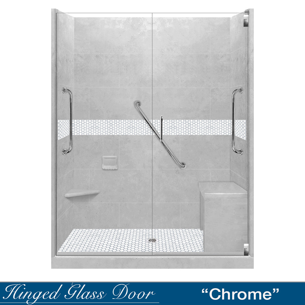 Freedom Pearl Hex Mosaic Portland Cement 60" Alcove Stone Shower Enclosure Kit