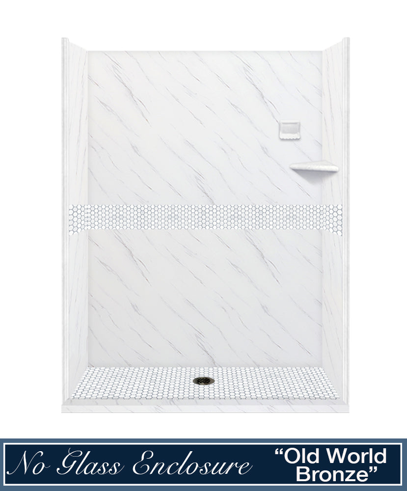 60" Alcove Carrara Medici Marble & Pearl Hex Mosaic Accent ("DIY Shower Remodel Kit")