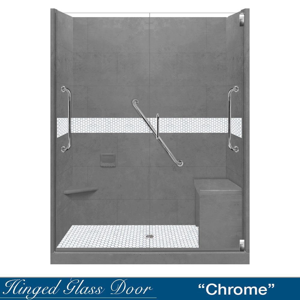 Freedom 60" Alcove Wet Cement Sistine Stone & Pearl Hex Mosaic Accent ("DIY Shower Remodel Kit")