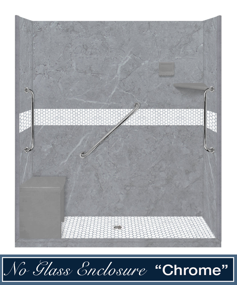 Freedom 60" Alcove Grio Medici Marble & Pearl Hex Mosaic Accent Shower Remodel Kit