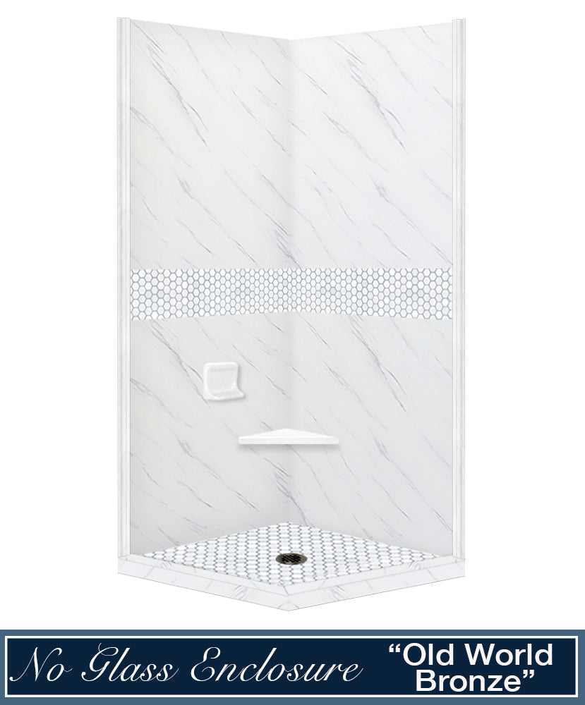 Carrara Marble Pearl Hex Mosaic Corner Shower Enclosure Kit