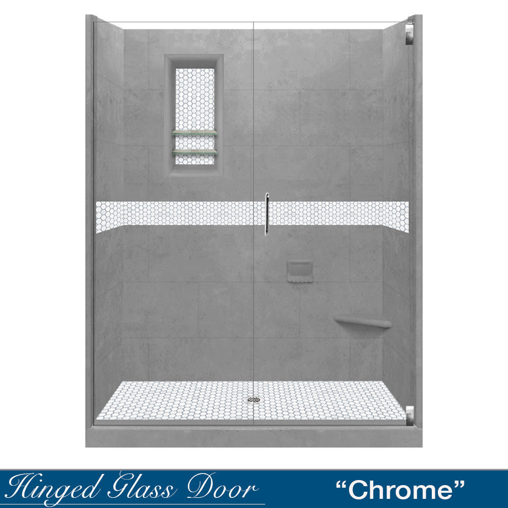 60" Alcove Wet Cement Sistine Stone & Pearl Hex Mosaic Accent ("DIY Shower Remodel Kit")