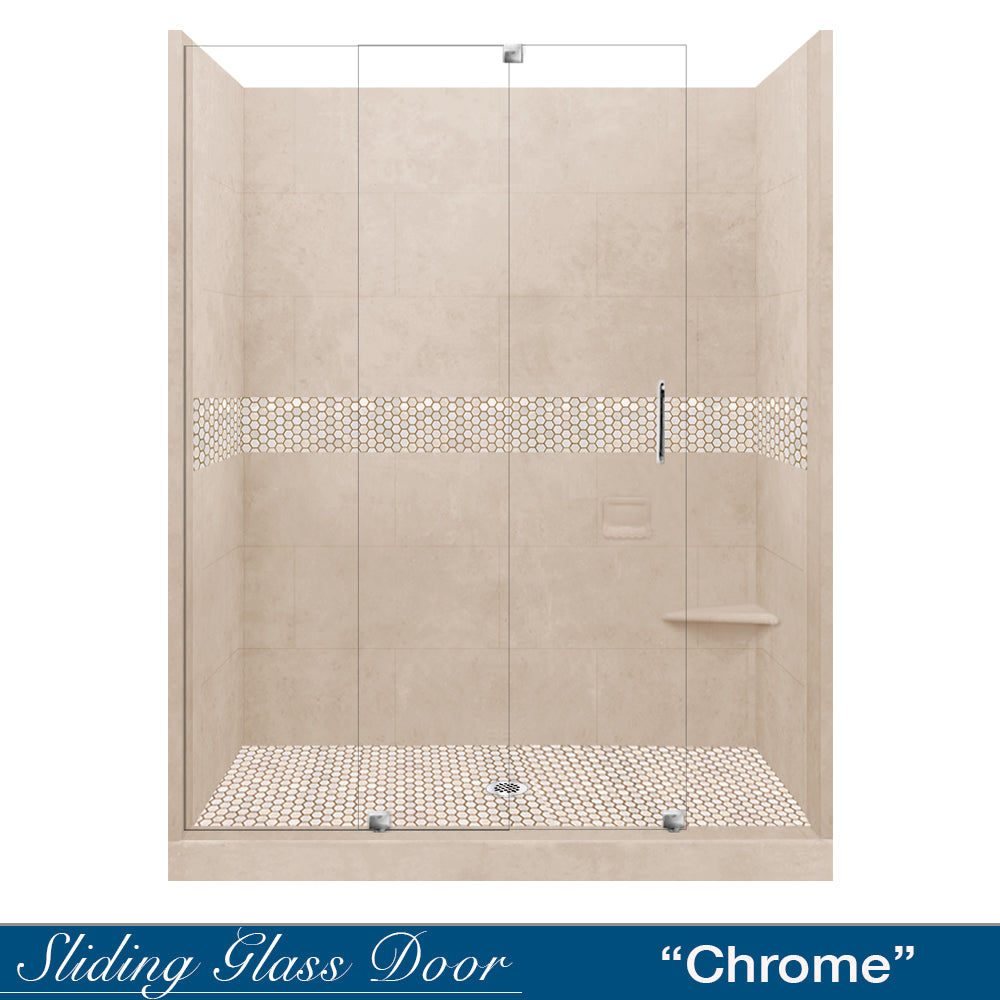 60" Alcove Brown Sugar Sistine Stone & Honey Hex Mosaic Accent ("DIY Shower Remodel Kit")