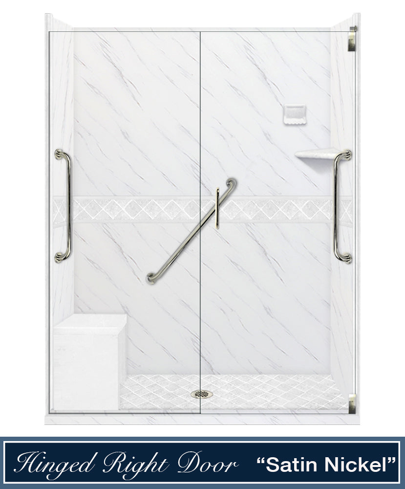Freedom Carrara Marble Diamond Alcove Shower Enclosure Kit (FREE F92 FAUCET & TILE NICHE)