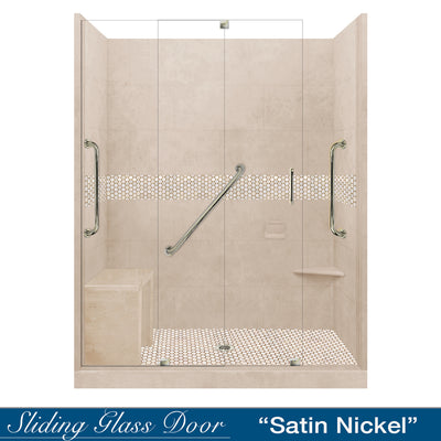 Freedom Honey Hex Mosaic Brown Sugar 60" Alcove Stone Shower Kit (FREE F92 FAUCET & TILE NICHE)