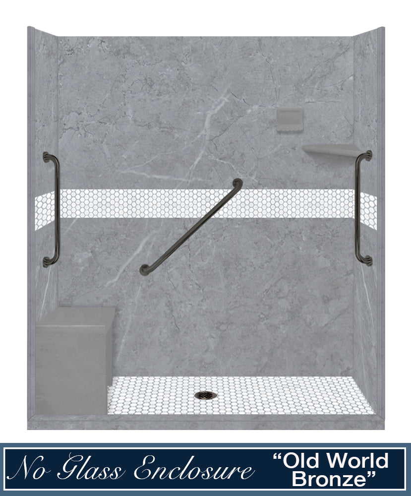 Freedom 60" Alcove Grio Medici Marble & Pearl Hex Mosaic Accent Shower Remodel Kit