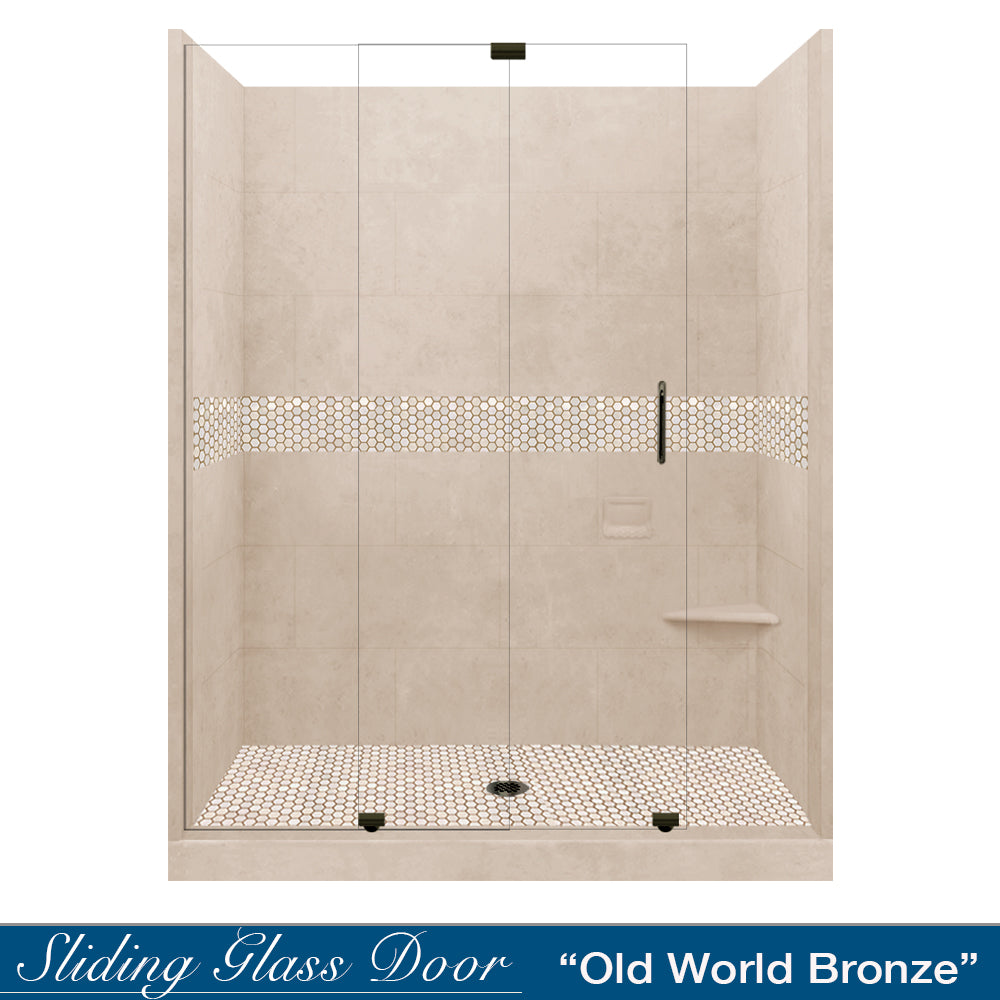 60" Alcove Brown Sugar Sistine Stone & Honey Hex Mosaic Accent ("DIY Shower Remodel Kit")