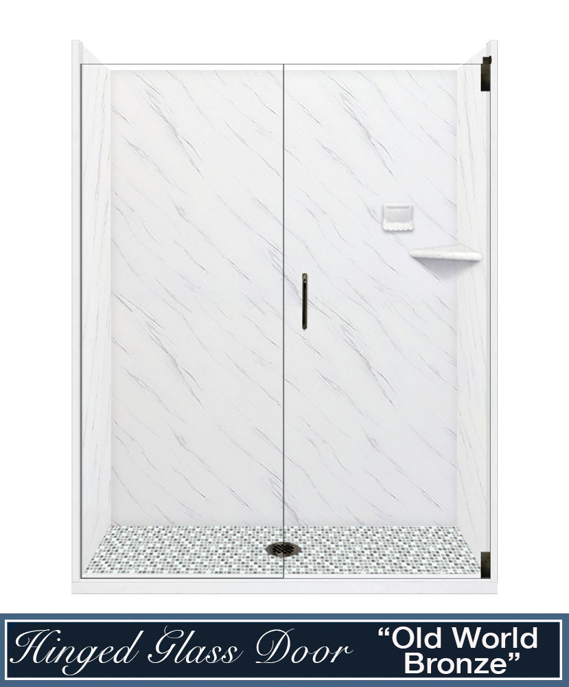 60" Alcove Carrara Medici Marble & Del Mar Mosaic Accent Shower Remodel Kit