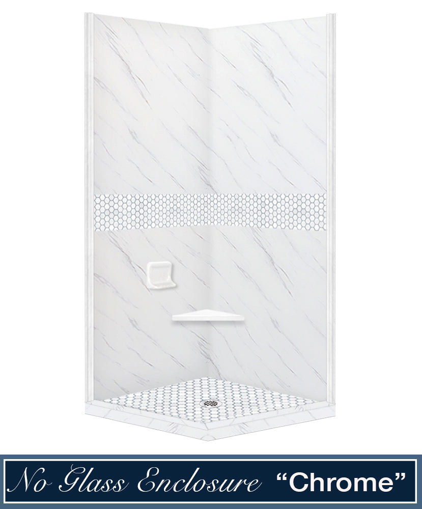 Carrara Marble Pearl Hex Mosaic Corner Shower Enclosure Kit