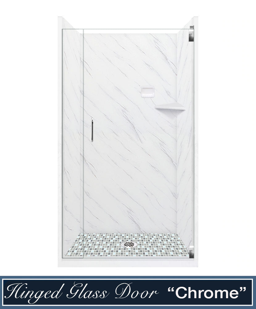 60" Alcove Carrara Medici Marble & Del Mar Mosaic Accent Shower Remodel Kit