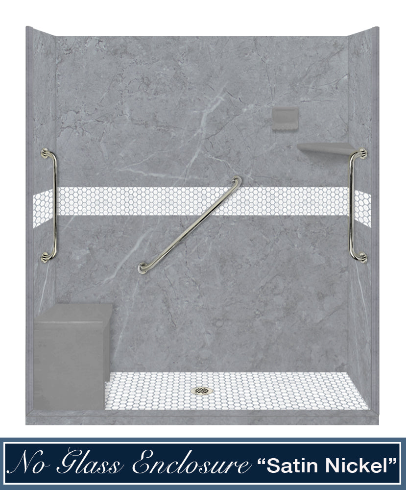 Freedom 60" Alcove Grio Medici Marble & Pearl Hex Mosaic Accent Shower Remodel Kit