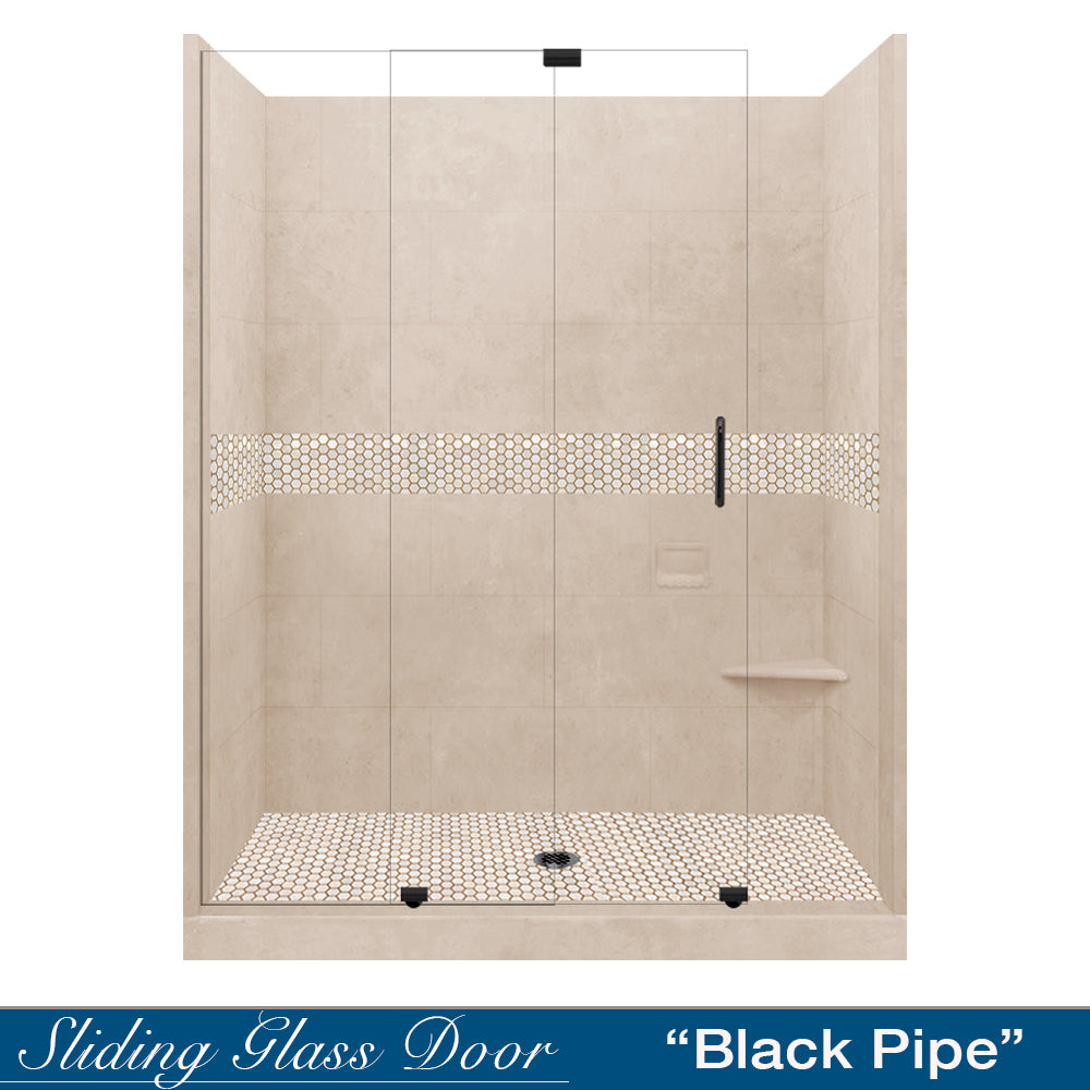 60" Alcove Brown Sugar Sistine Stone & Honey Hex Mosaic Accent ("DIY Shower Remodel Kit")