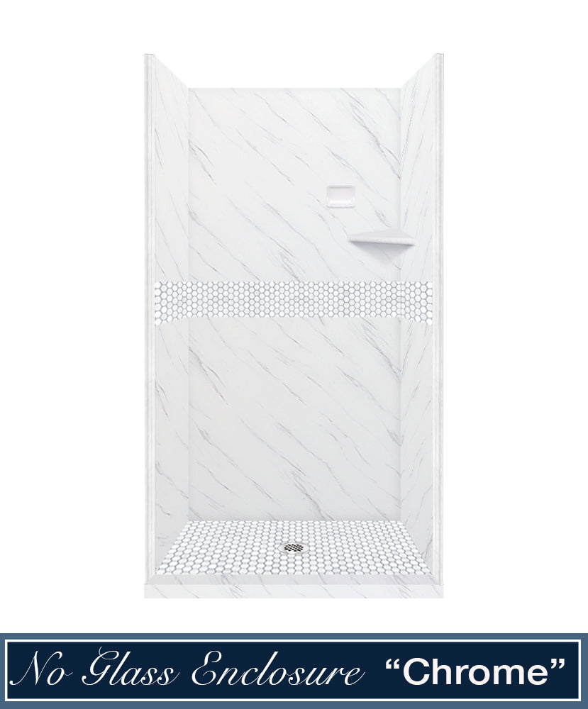 60" Alcove Carrara Medici Marble & Pearl Hex Mosaic Accent ("DIY Shower Remodel Kit")