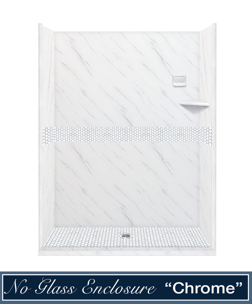 60" Alcove Carrara Medici Marble & Pearl Hex Mosaic Accent ("DIY Shower Remodel Kit")