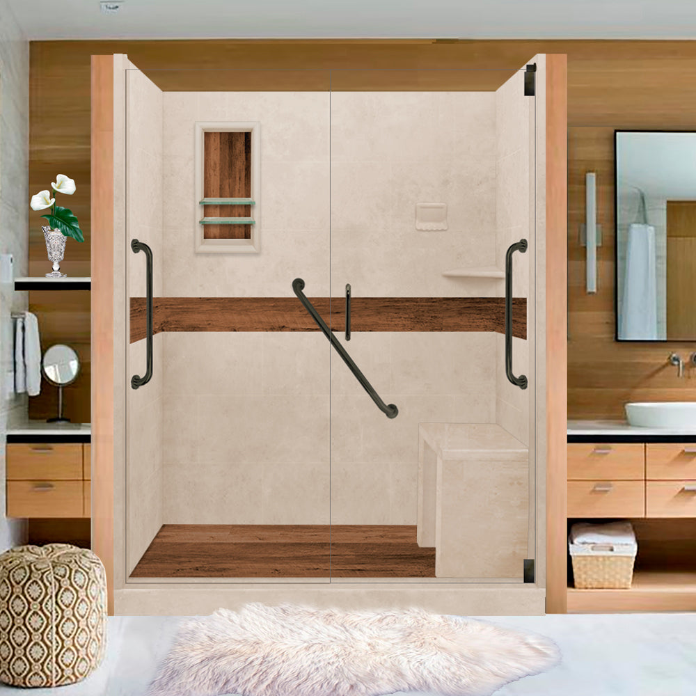 Freedom 60" Alcove Brown Sugar Sistine Stone & Burnt Oak Wood Accent ("DIY Shower Remodel Kit")