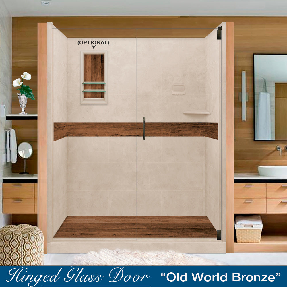 60" Alcove Brown Sugar Sistine Stone & Burnt Oak Wood Accent ("DIY Shower Remodel Kit")
