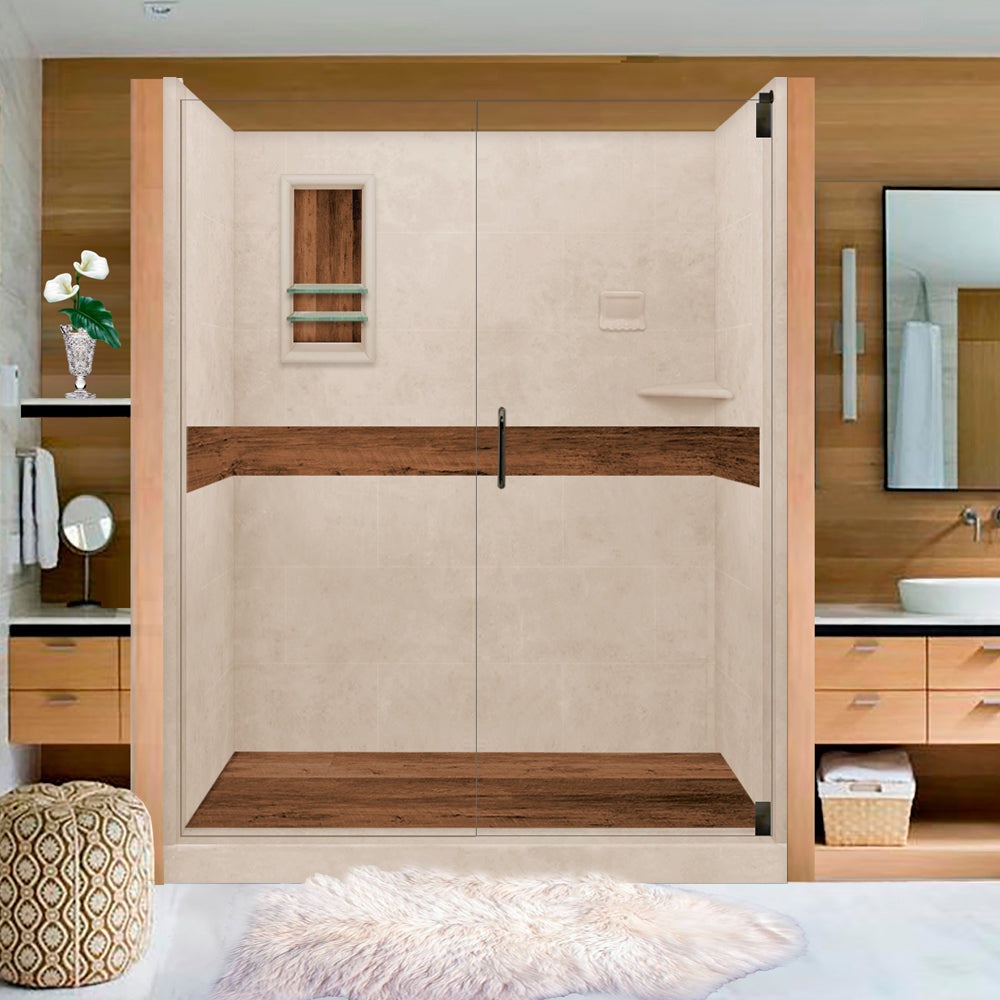 60" Alcove Brown Sugar Sistine Stone & Burnt Oak Wood Accent ("DIY Shower Remodel Kit")