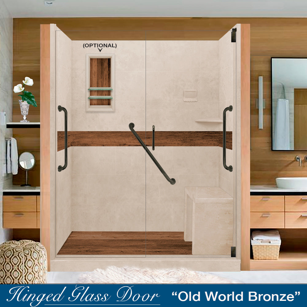 Freedom 60" Alcove Brown Sugar Sistine Stone & Burnt Oak Wood Accent ("DIY Shower Remodel Kit")