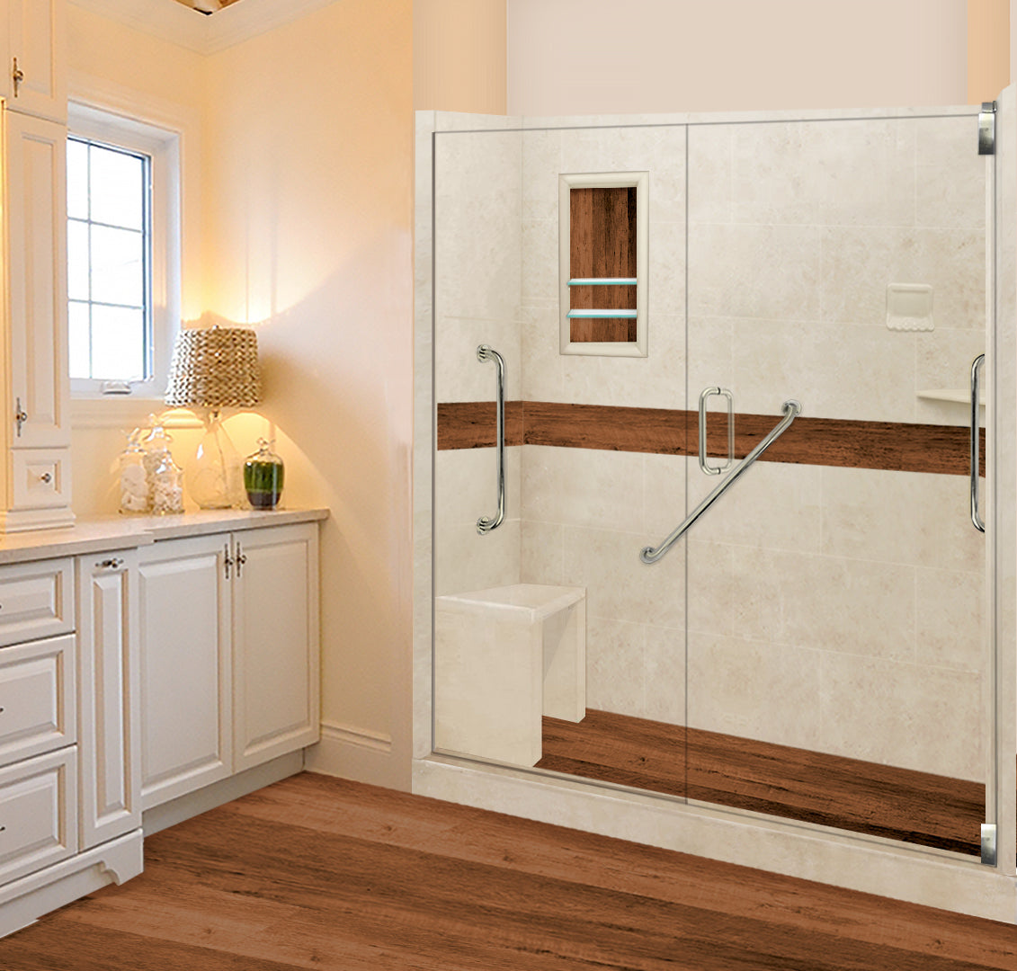 Freedom 60" Alcove Desert Sand Sistine Stone & Burnt Oak Wood Accent ("DIY Shower Remodel Kit")