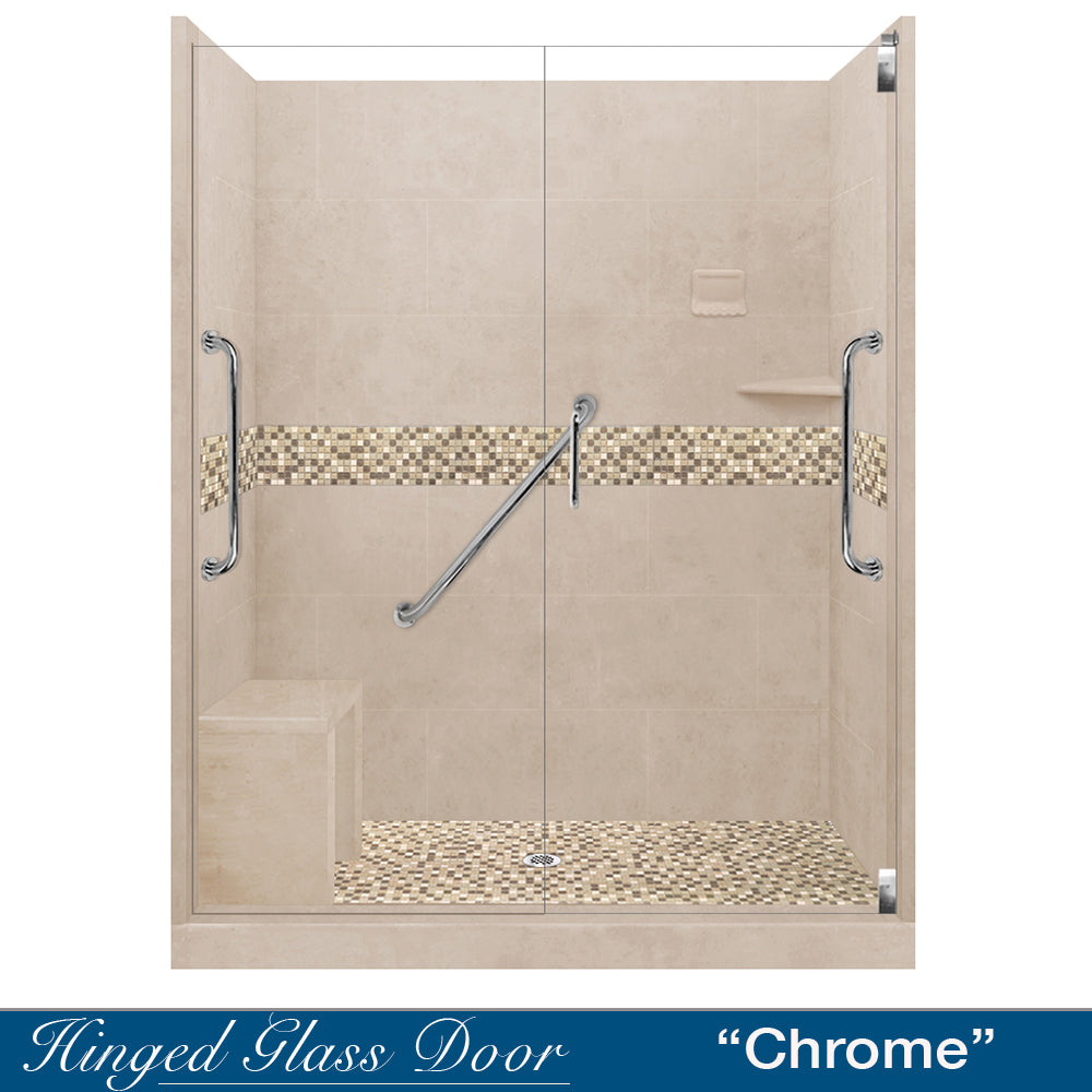 Del Mar Grand Hinged 36 in. x 42 in. x 80 in. Right-Hand Corner Shower Kit in Natural Buff and Chrome Hardware Del Mar Grand Hinged 36 in. x 42 in. x 80 in. Right-Hand Corner Shower Kit in Natural Buff and Chrome Hardware