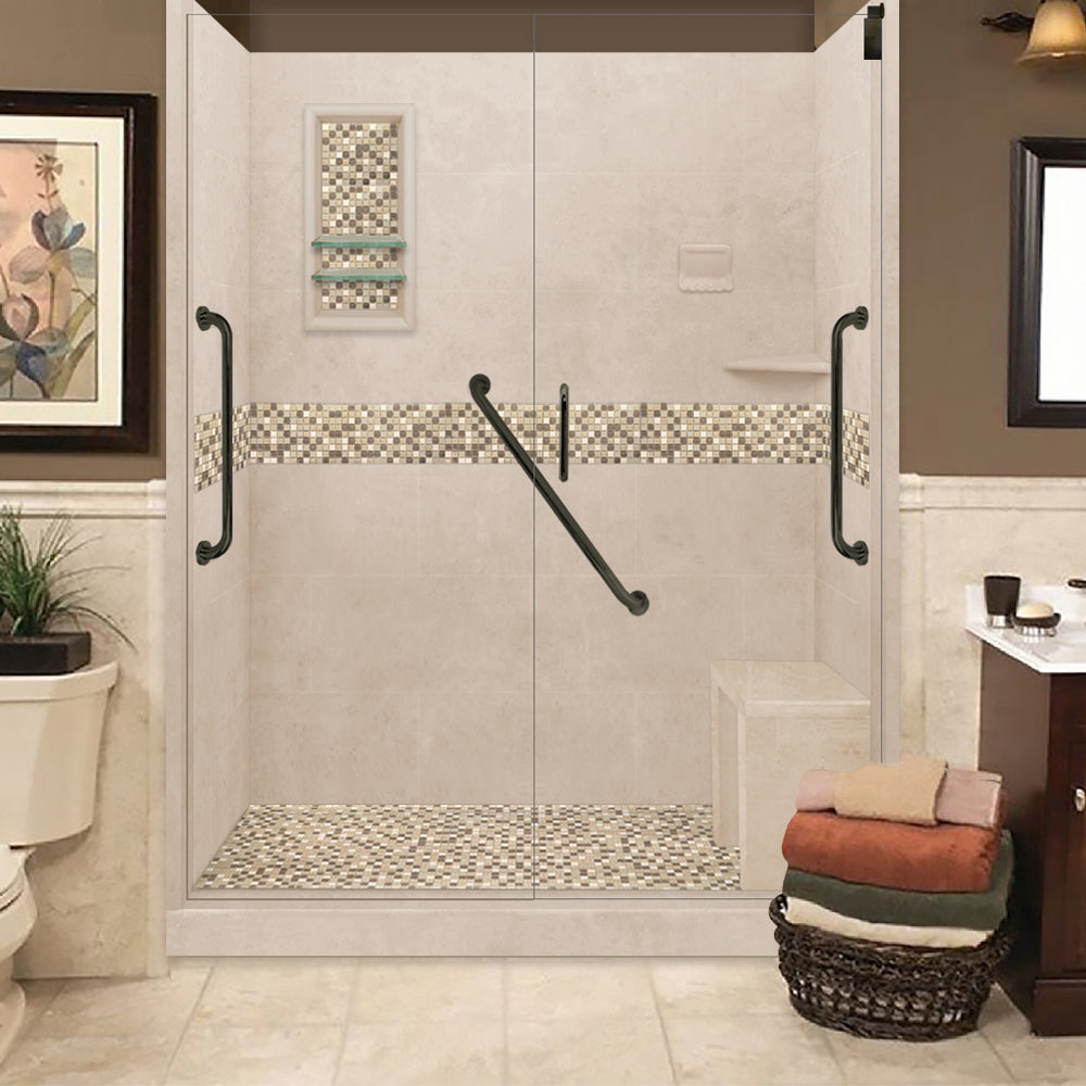 Freedom Roma Mosaic Brown Sugar 60" Alcove Stone Shower Enclosure Kit
