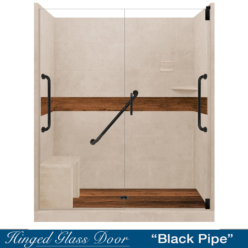 Freedom 60" Alcove Brown Sugar Sistine Stone & Burnt Oak Wood Accent ("DIY Shower Remodel Kit")
