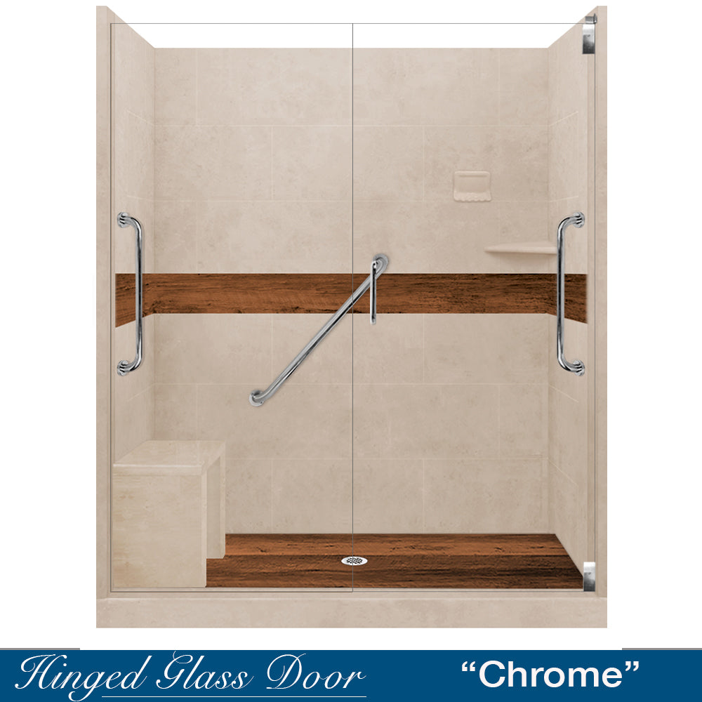 Freedom 60" Alcove Brown Sugar Sistine Stone & Burnt Oak Wood Accent ("DIY Shower Remodel Kit")
