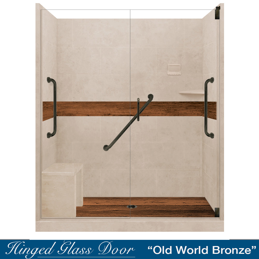 Freedom 60" Alcove Brown Sugar Sistine Stone & Burnt Oak Wood Accent ("DIY Shower Remodel Kit")