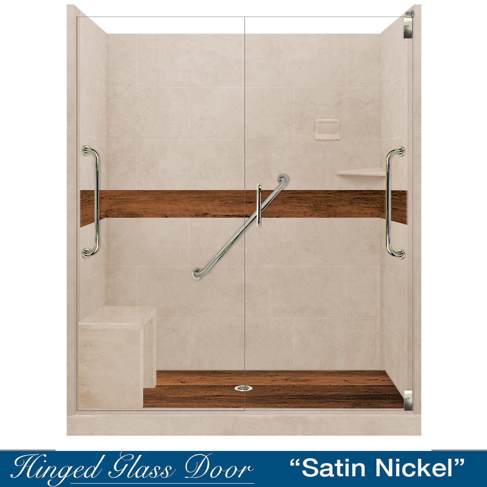 Freedom 60" Alcove Brown Sugar Sistine Stone & Burnt Oak Wood Accent ("DIY Shower Remodel Kit")