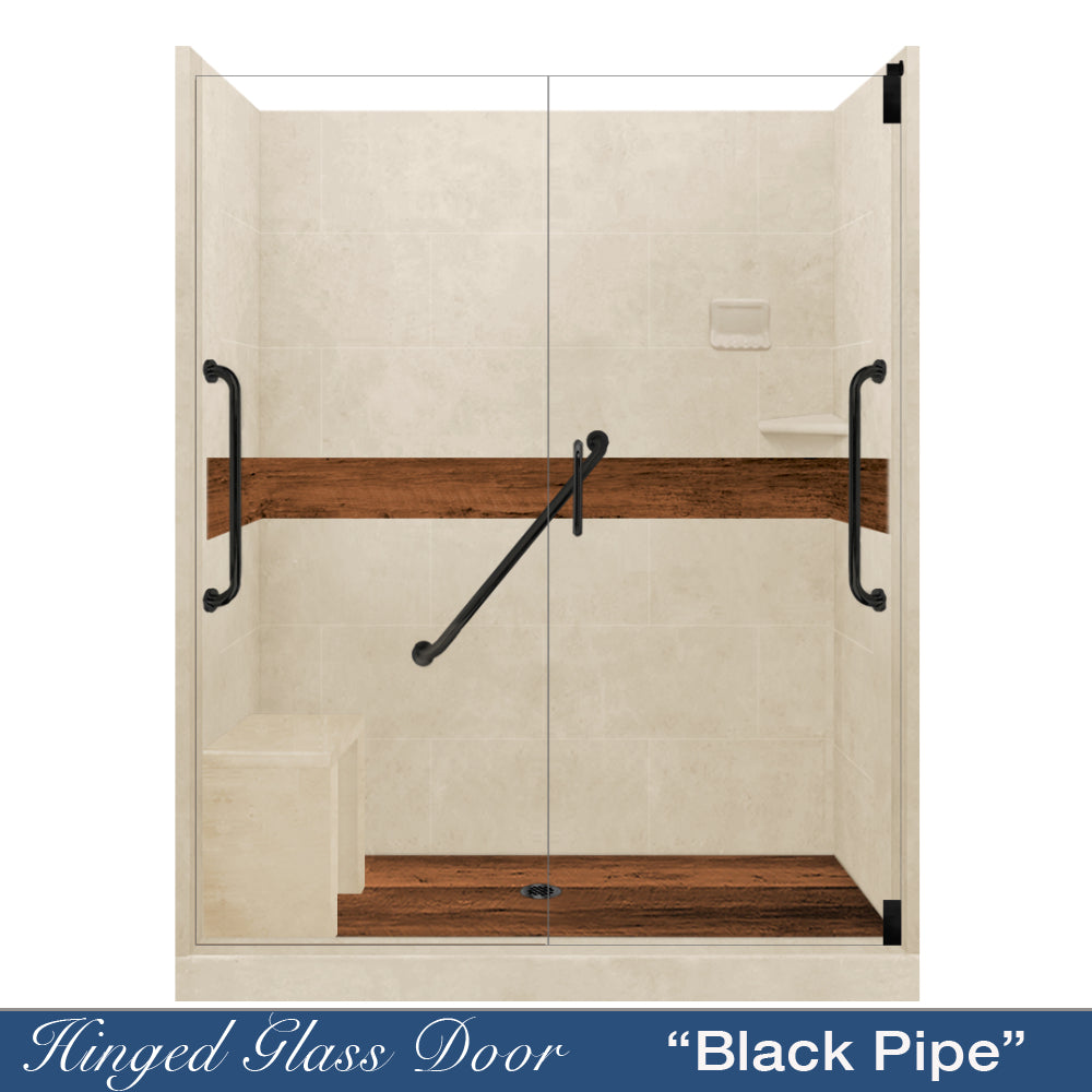 Freedom 60" Alcove Desert Sand Sistine Stone & Burnt Oak Wood Accent ("DIY Shower Remodel Kit")